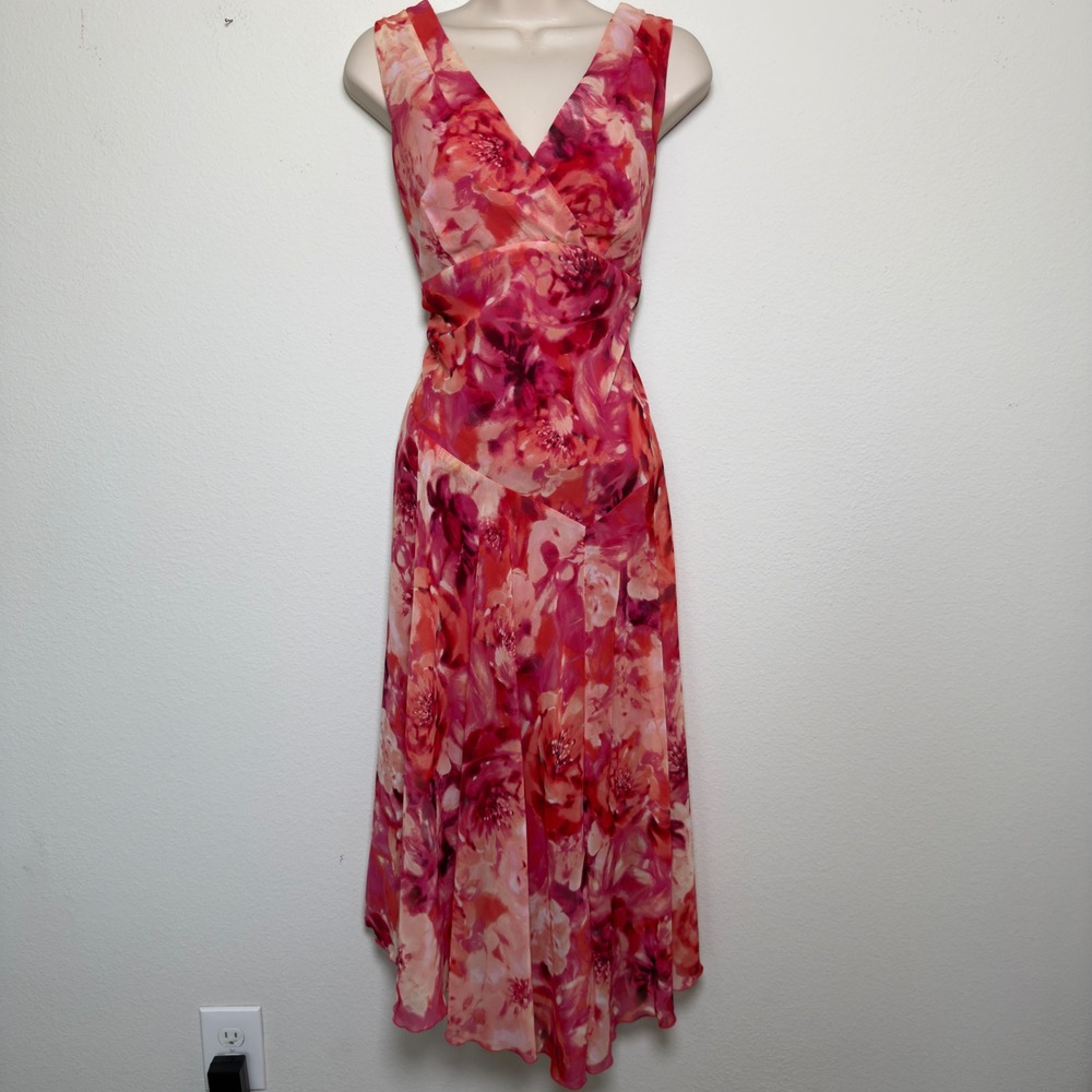 VTG Y2K Women Babydoll Fairy Midi Dress 10 Pink Red Floral‎ Chiffon Asymmetrical